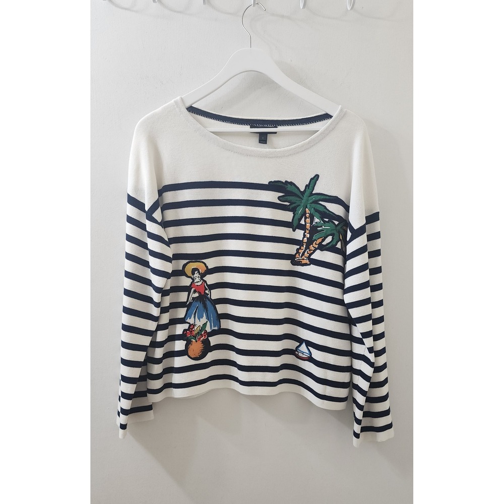 J.Crew Womens Navy White Striped Tropical Palm Tree Cotton Sweater Small G5695